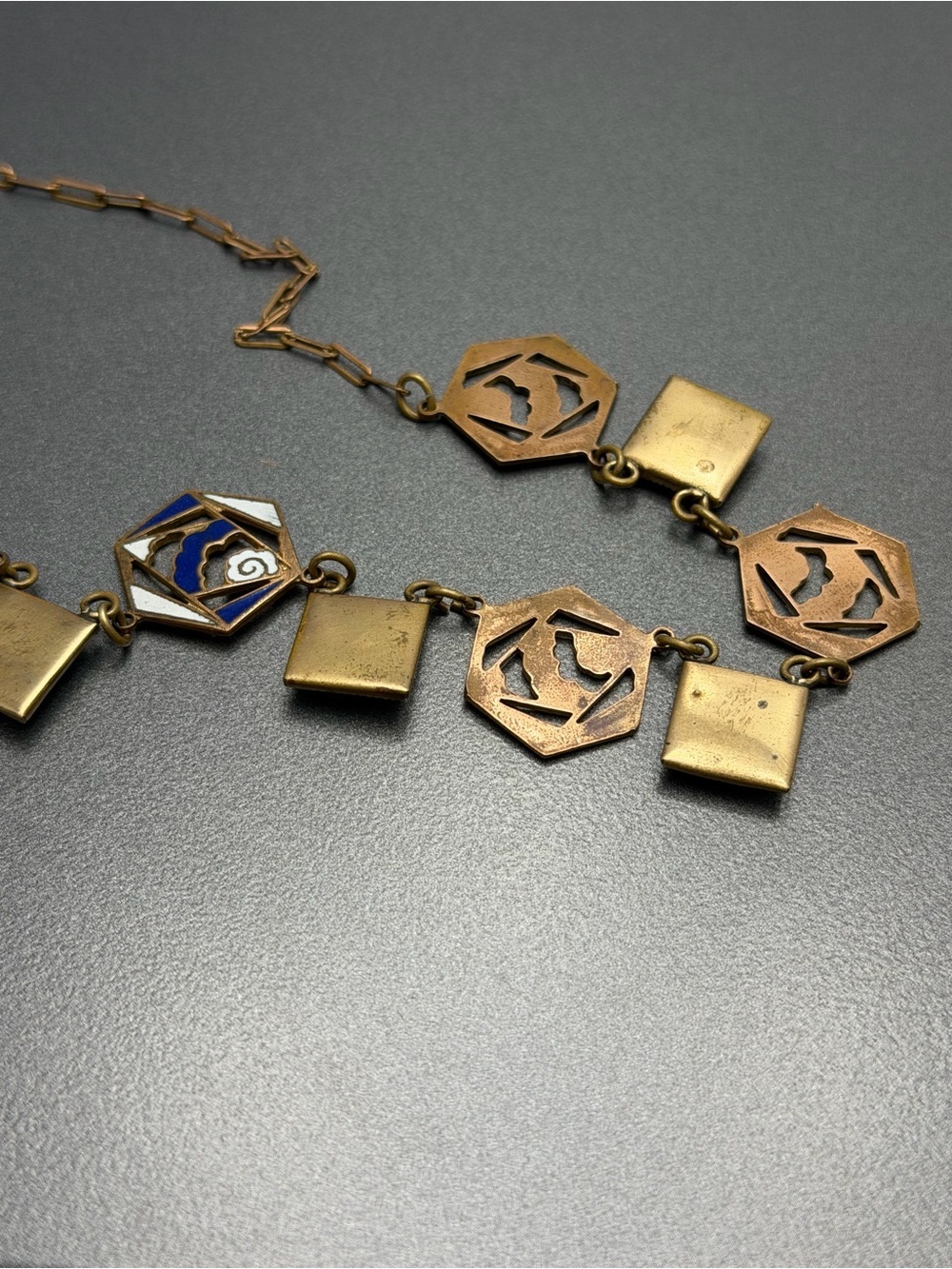 Vintage Champleve Enamel Blue Art Deco Necklace - Picture 4 of 5